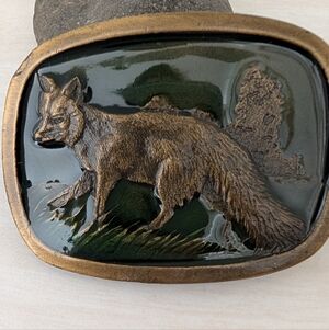 Vintage Red Fox Brass Enameled Belt Buckle
